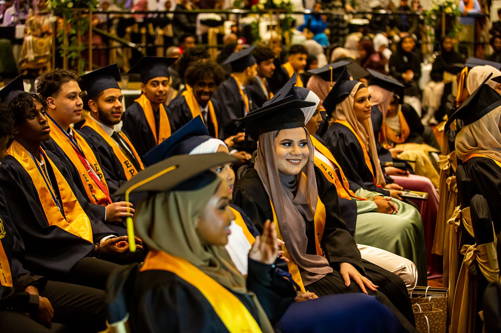 Students conversing in a modern building