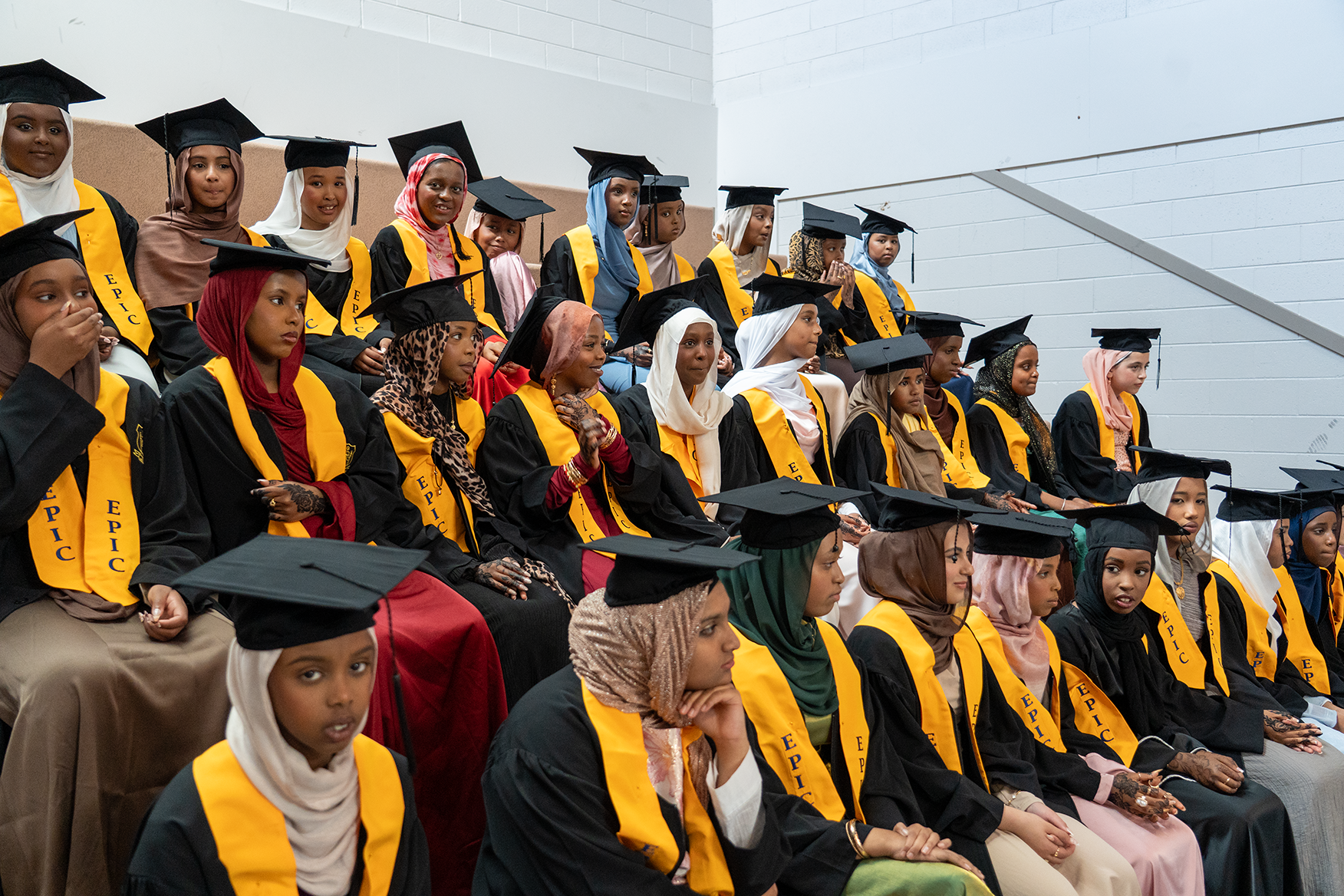 Students conversing in a modern building